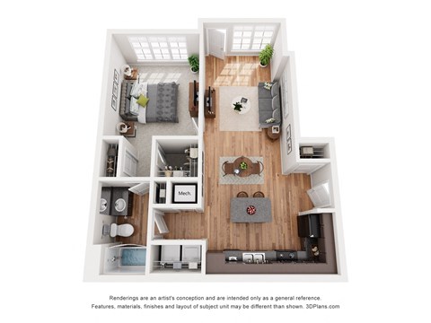 a stylized floor plan with a bedroom and living room